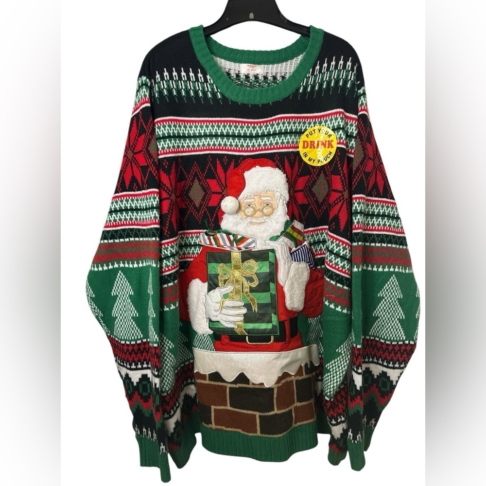 Santa Drink Pouch Ugly Christmas Sweater Funny Holiday Red Green 3XL NWOT
